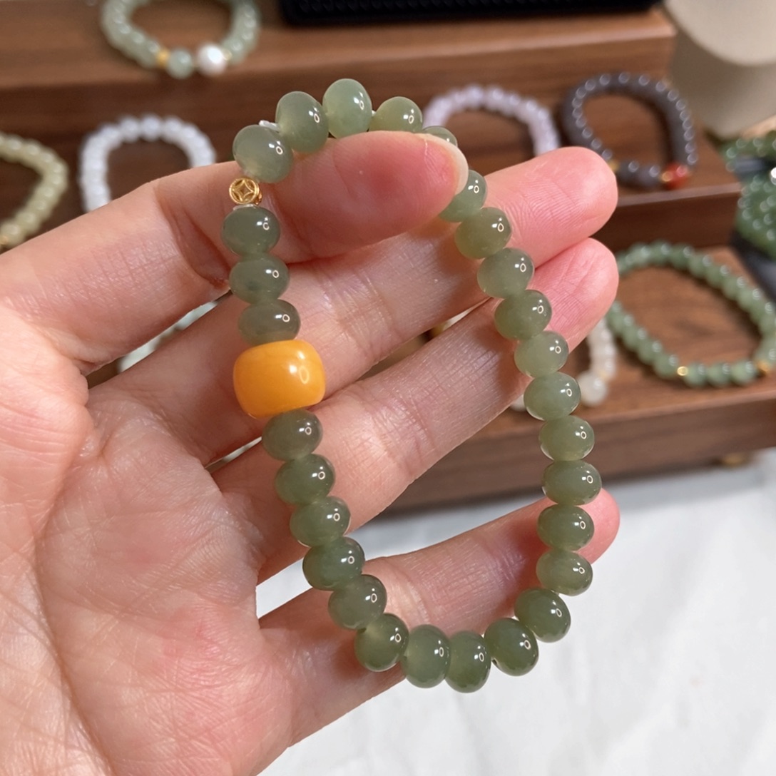和田玉手链银S925镶嵌福利7mm算盘珠