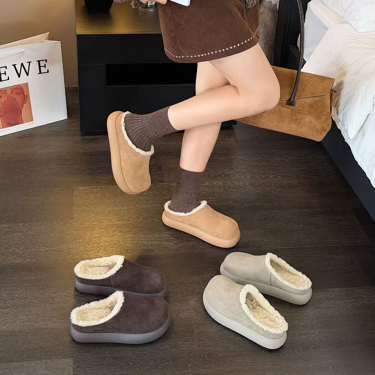 【YUXIN】5cm内增高新款羊毛小土豆包头勃肯毛毛拖鞋舒适保暖拖鞋