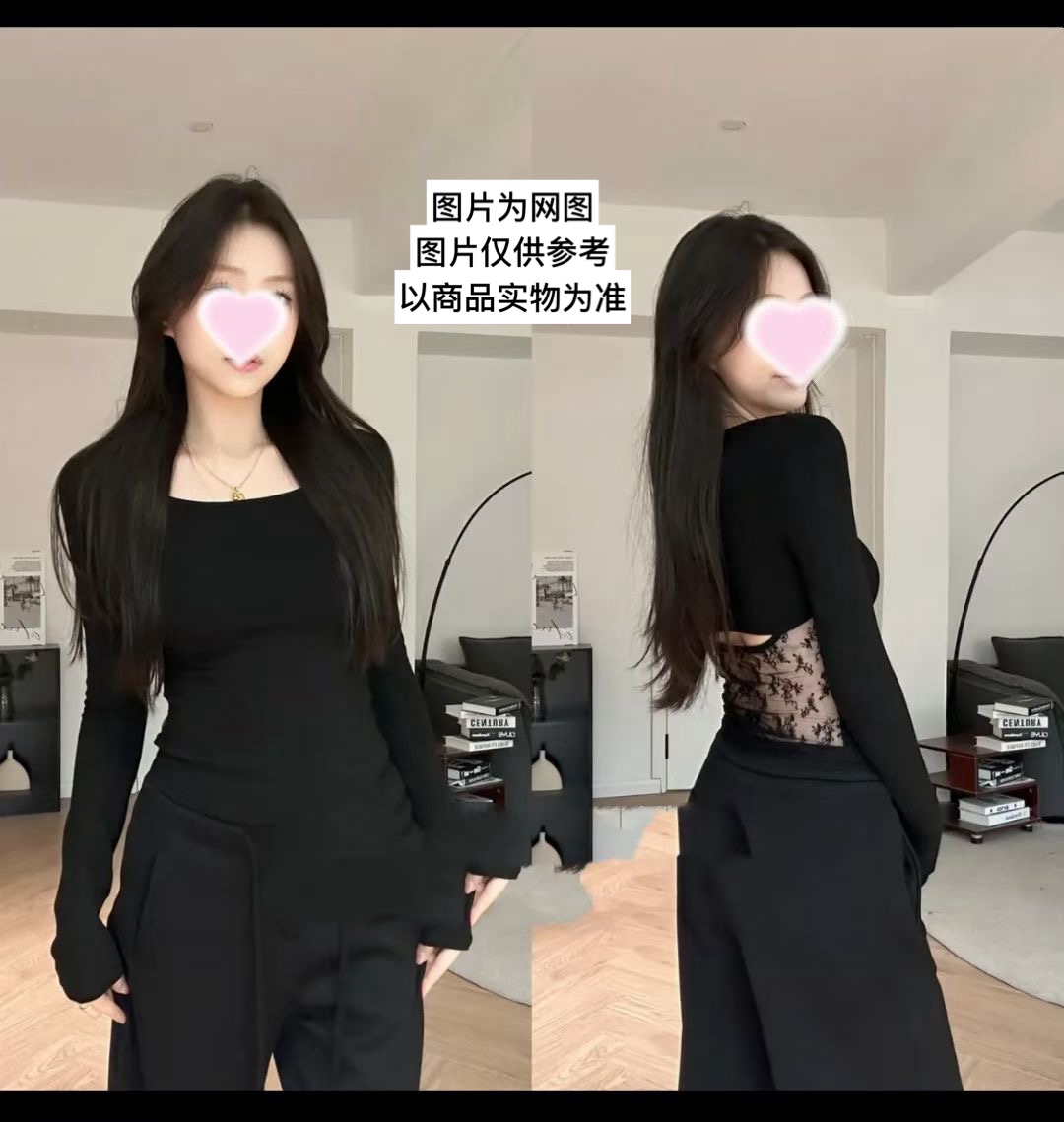 性感露背长袖纯色纯欲风拼接蕾丝