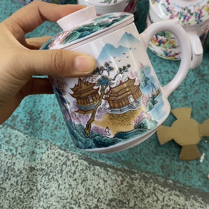 摆件陶红稀土青绿山水办公杯