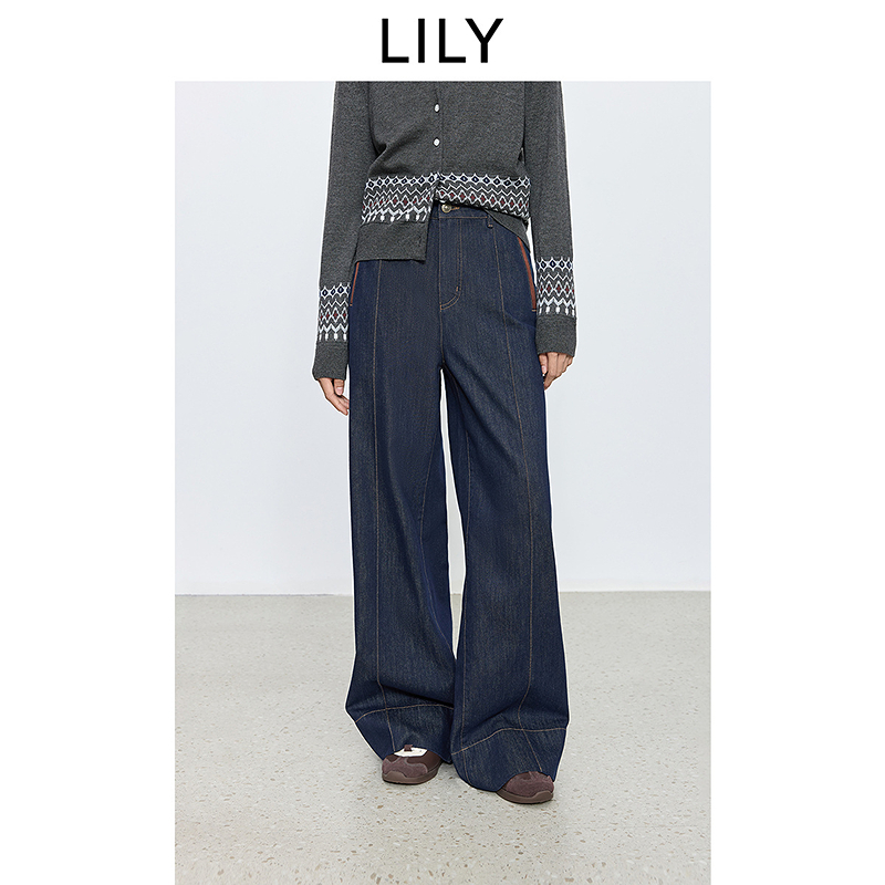 LILY2025秋新款纯棉复古撞色原色牛仔裤直筒阔腿裤女125359GJ901