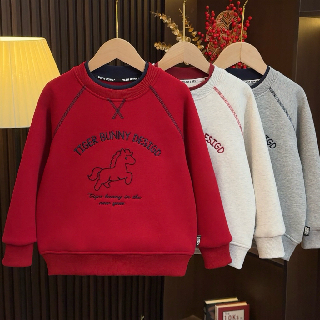 儿童拱桥绣拜年服冬新款男童假两件加绒卫衣中大童插肩袖上衣5122