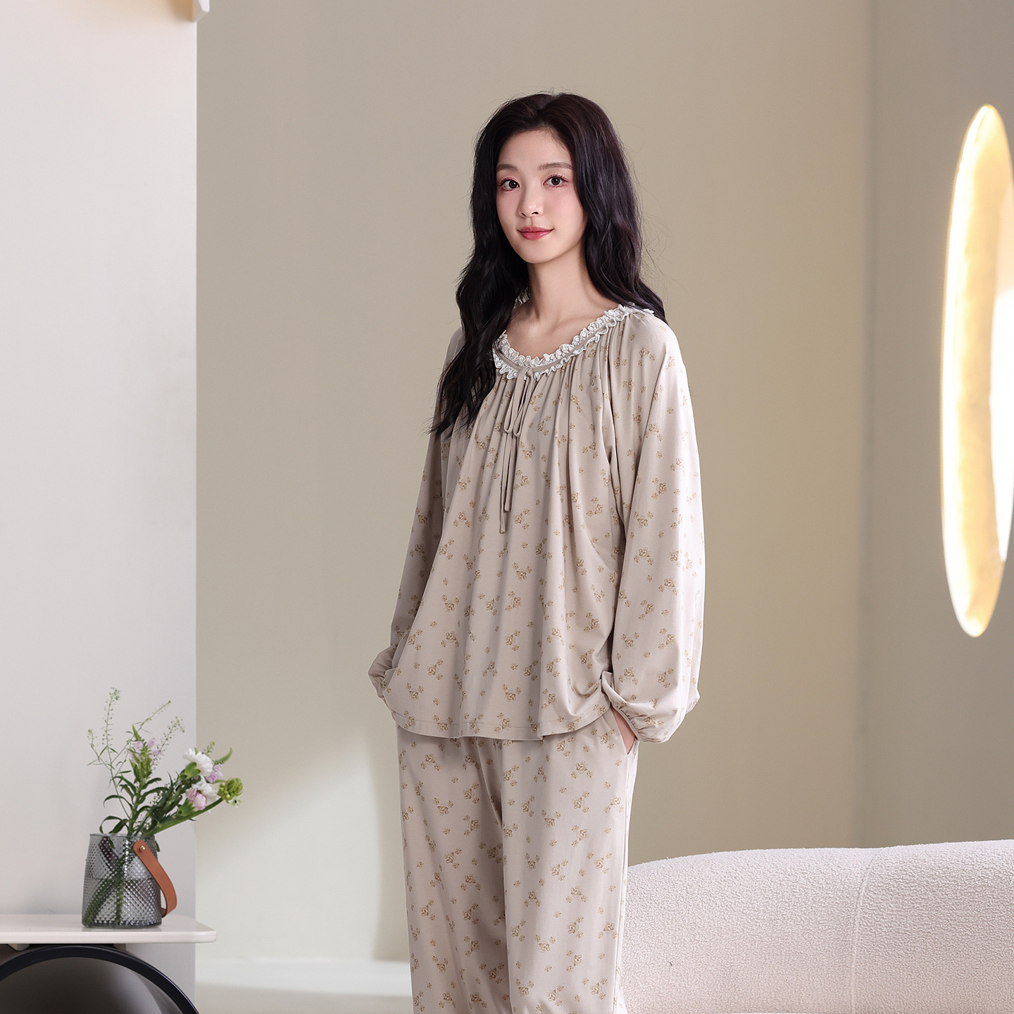 女士秋季长袖薄款睡衣家居服套装花边宽松家居服舒适