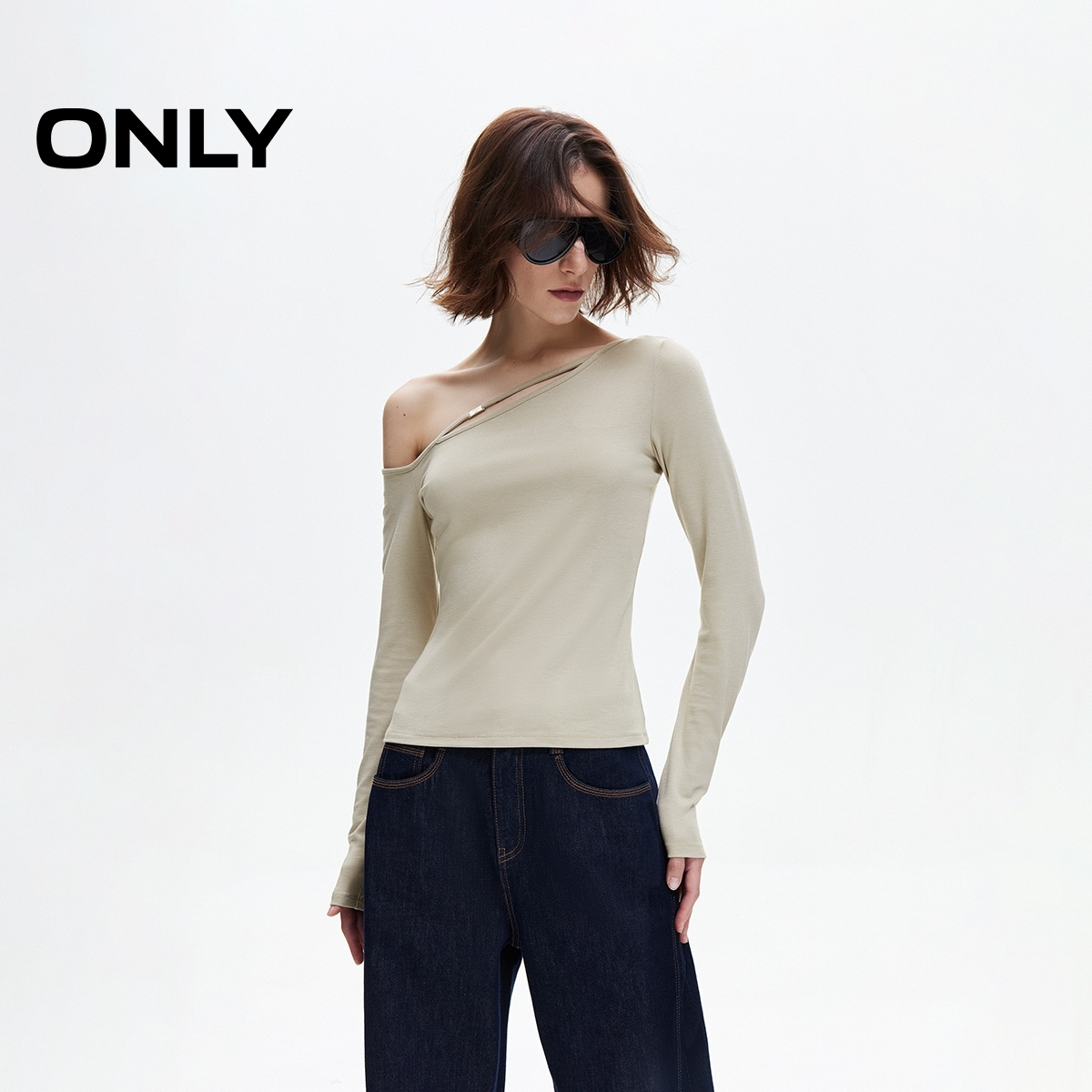 ONLY2025秋季新款弹力舒适亲肤不对称领口长袖T恤女|125302012