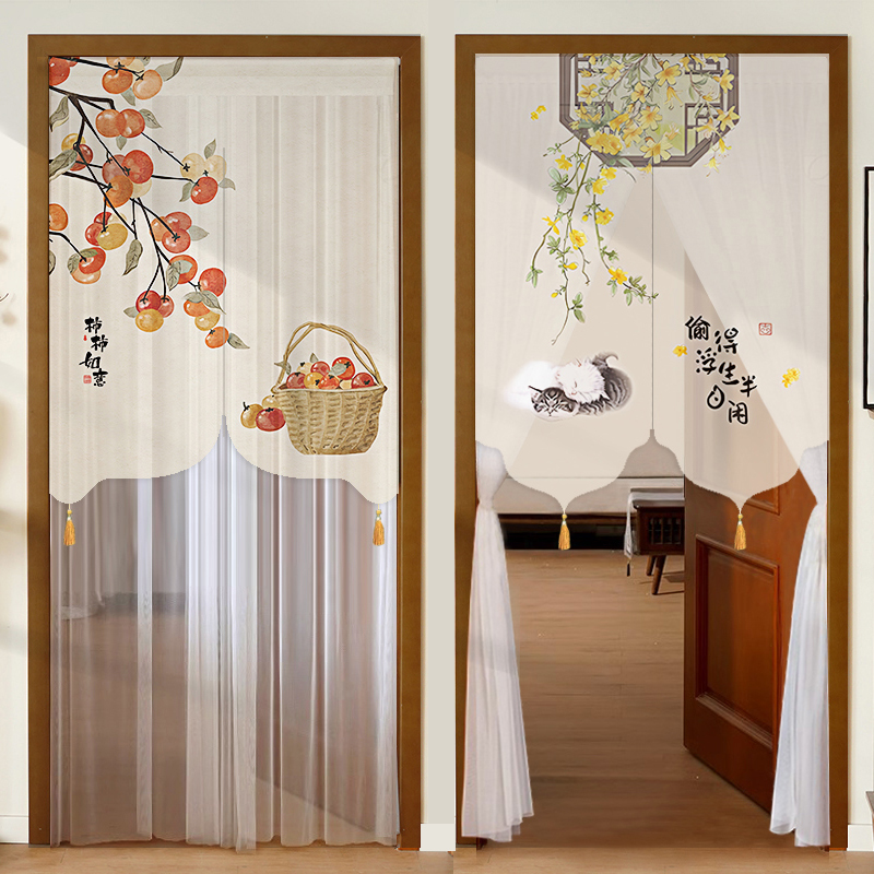 新中式复古风门帘中国风竹节纱玄关隔断帘卧室禅意半截遮挡帘子