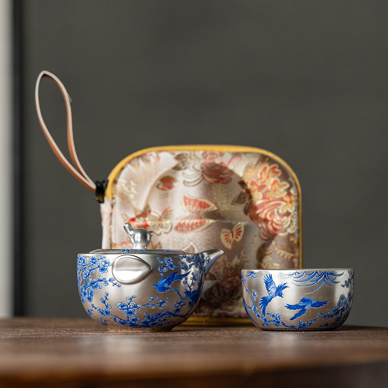 陶瓷鎏银快客杯便携茶具周鸿杰皇杰造物喜上眉梢手抓一壶一杯1222