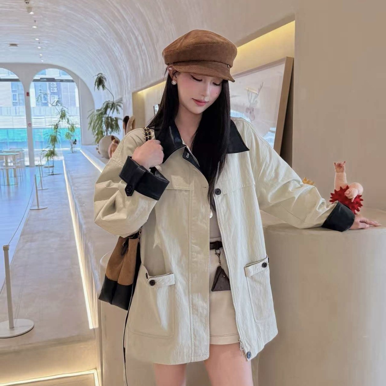 复古时尚撞色翻领中长款风衣女休闲宽松显瘦工装风外套