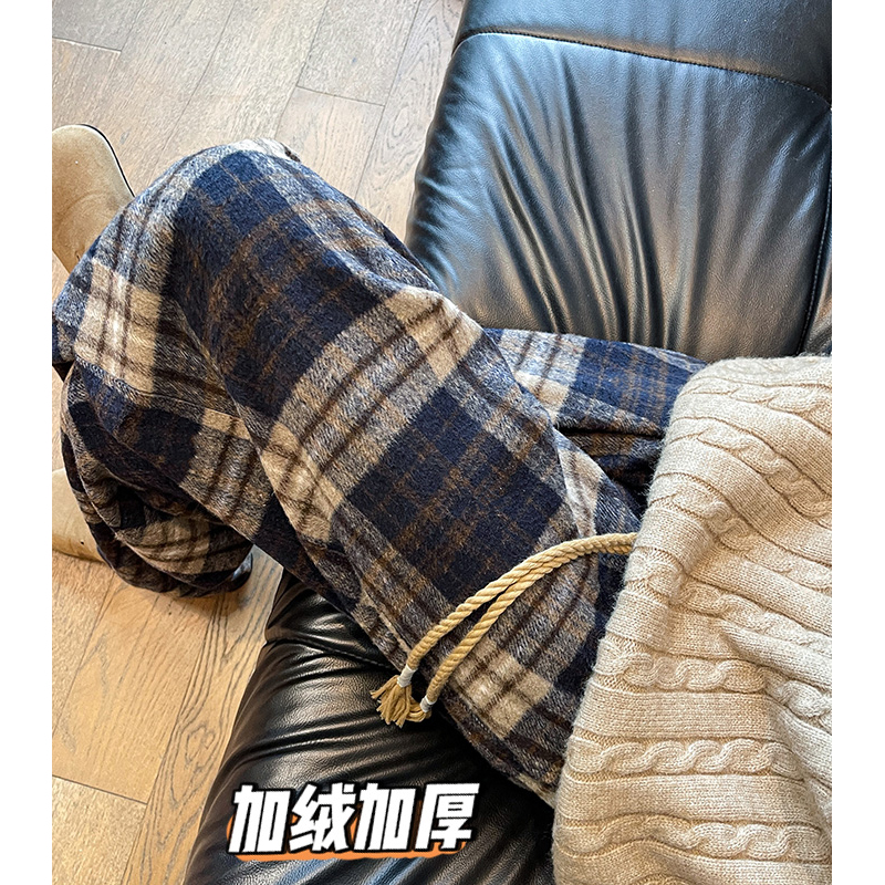 美式藏青格子毛呢休闲裤男冬季加绒加厚宽松阔腿卫裤大码运动长裤
