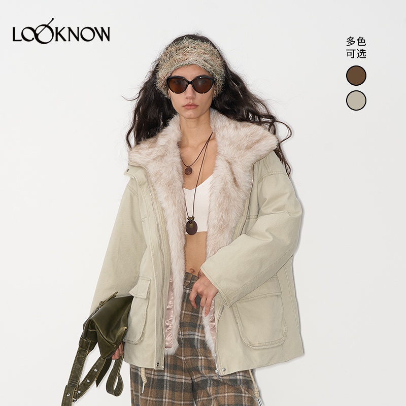IF BY LAND X LOOKNOW25秋冬新品浅白色可拆卸毛领羽绒外套