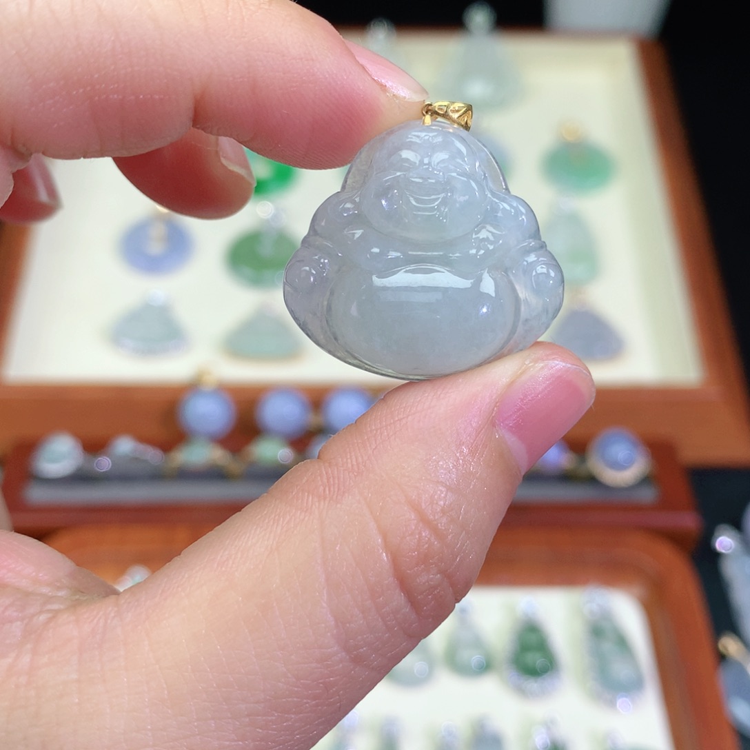 翡翠颈饰18K金镶嵌天然翡翠吊坠a货