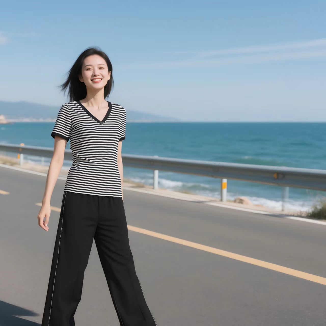 W747条纹V领常规短袖套装百搭显瘦