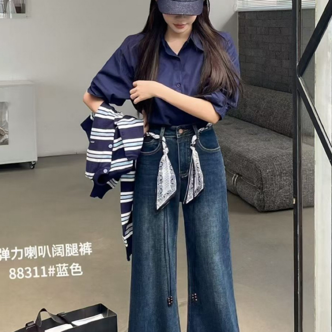 秋季新款高腰宽松阔腿直筒牛仔裤百搭时尚遮肉垂感好