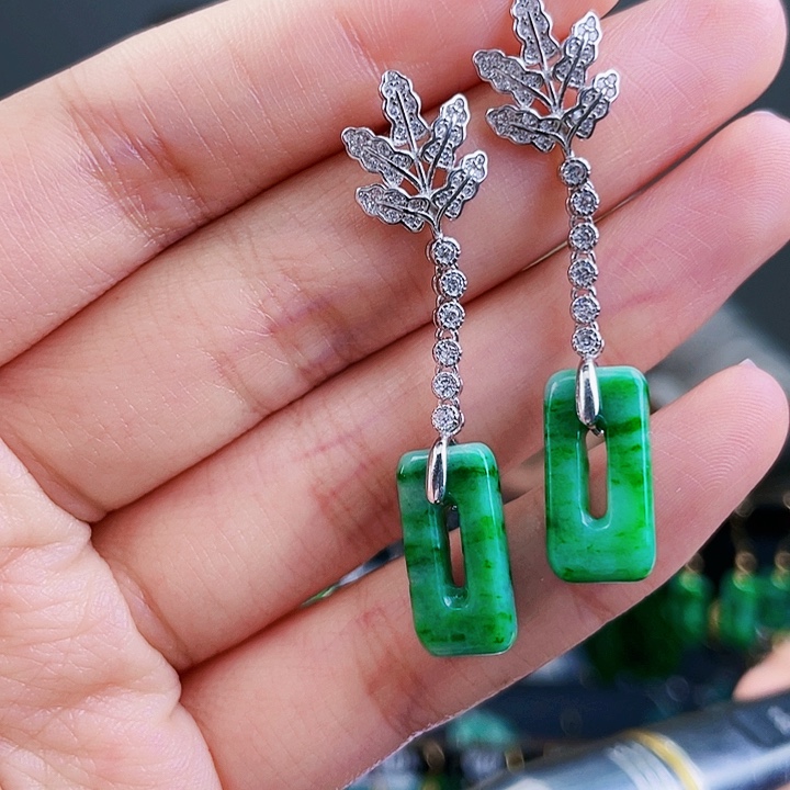 翡翠耳饰银S925镶嵌饰品