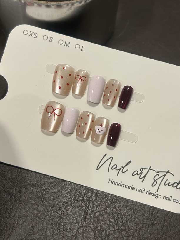 波点小狗粉色夏日穿戴式美甲10片短短梯