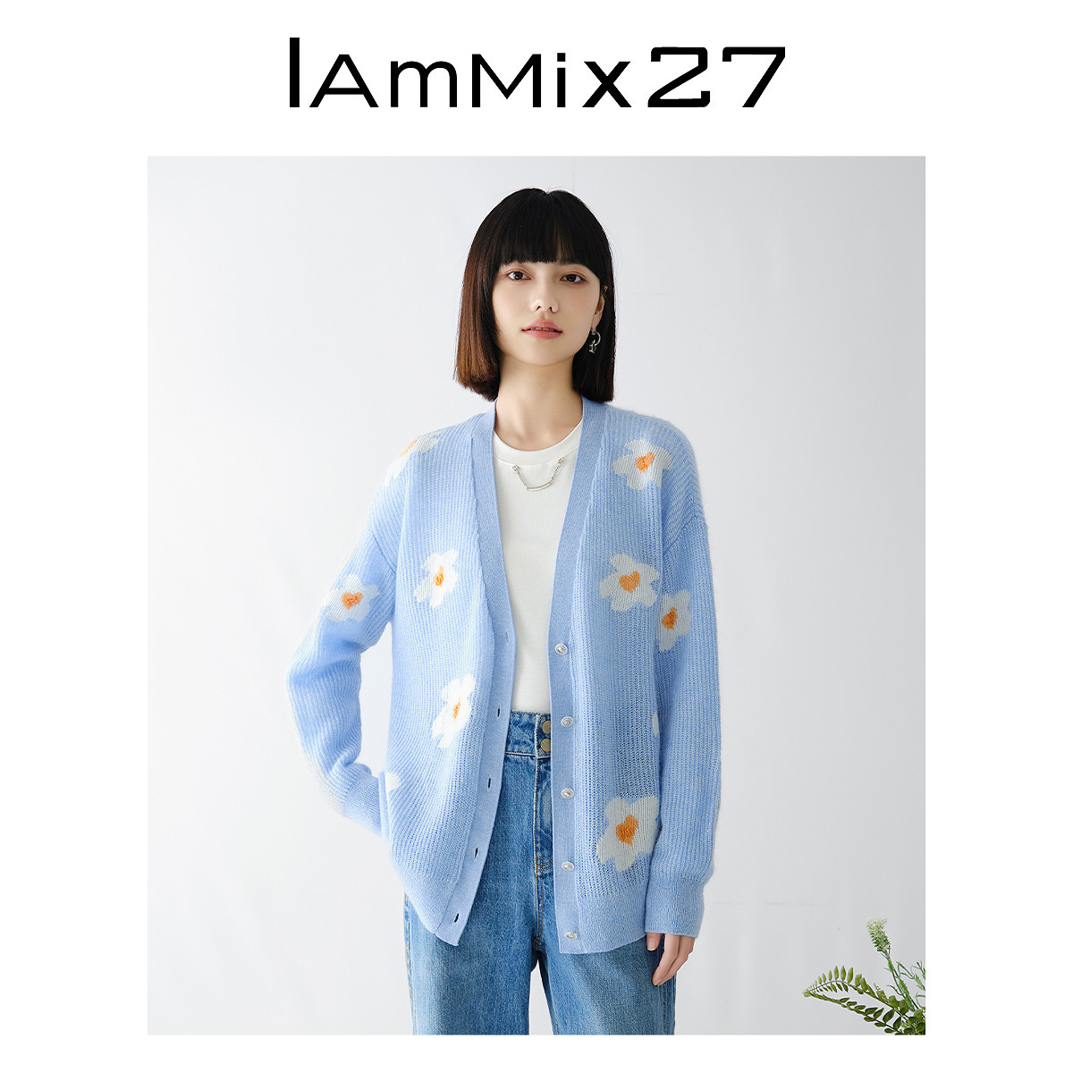 Iamx27V领毛衣开衫女提花休闲毛衫女M4A5081