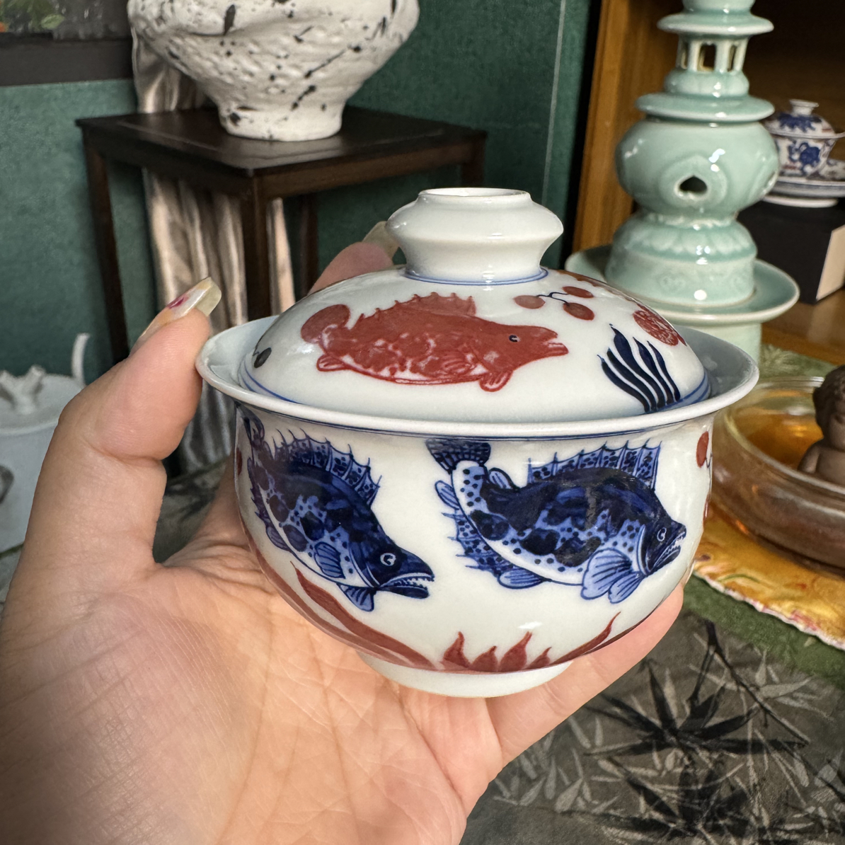 景德镇手工手绘青花釉红鱼藻大布袋（超七天售后不退换）