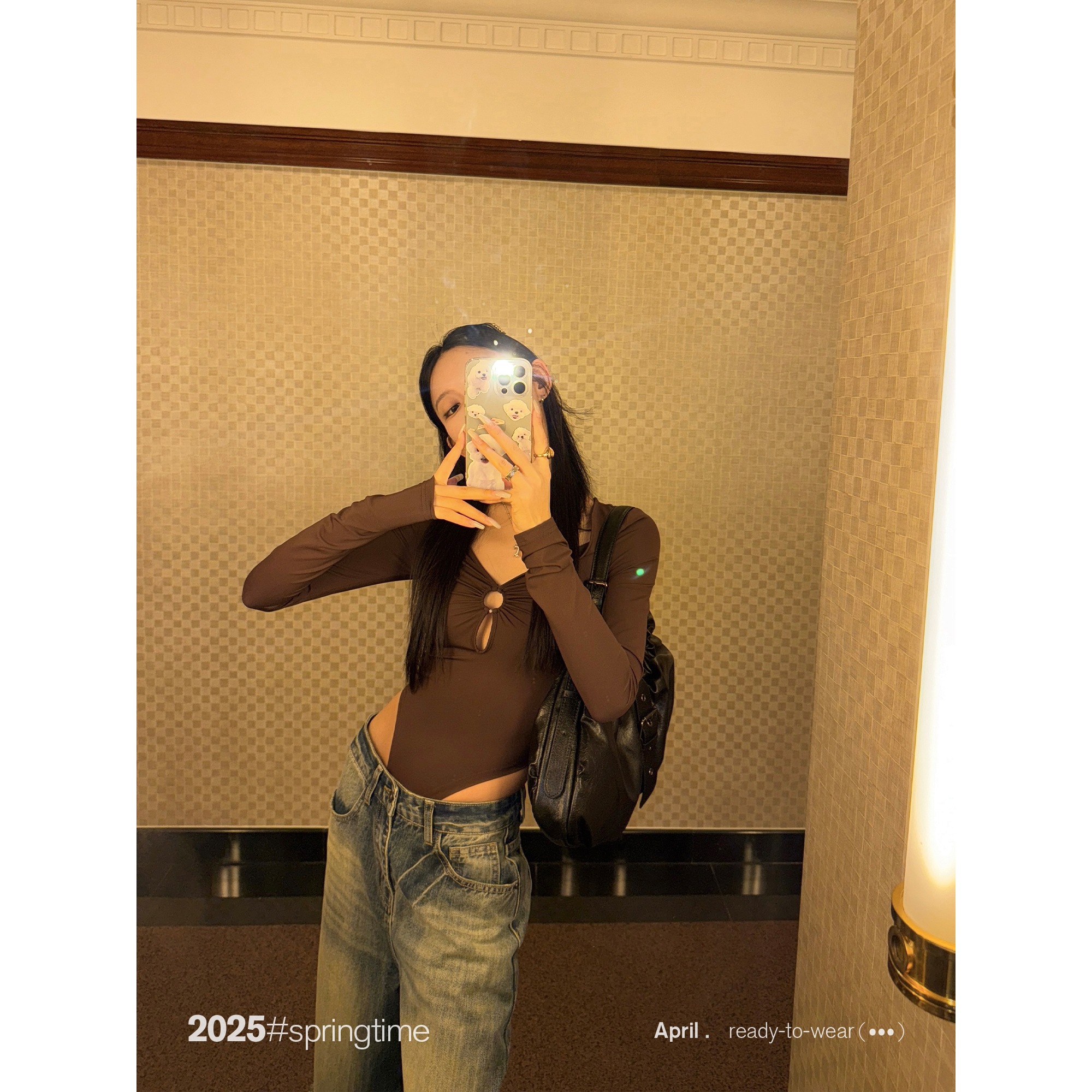 SUNONEONE 镂空褶皱连体紧身上衣女夏V领薄款修身长袖T恤H1019C