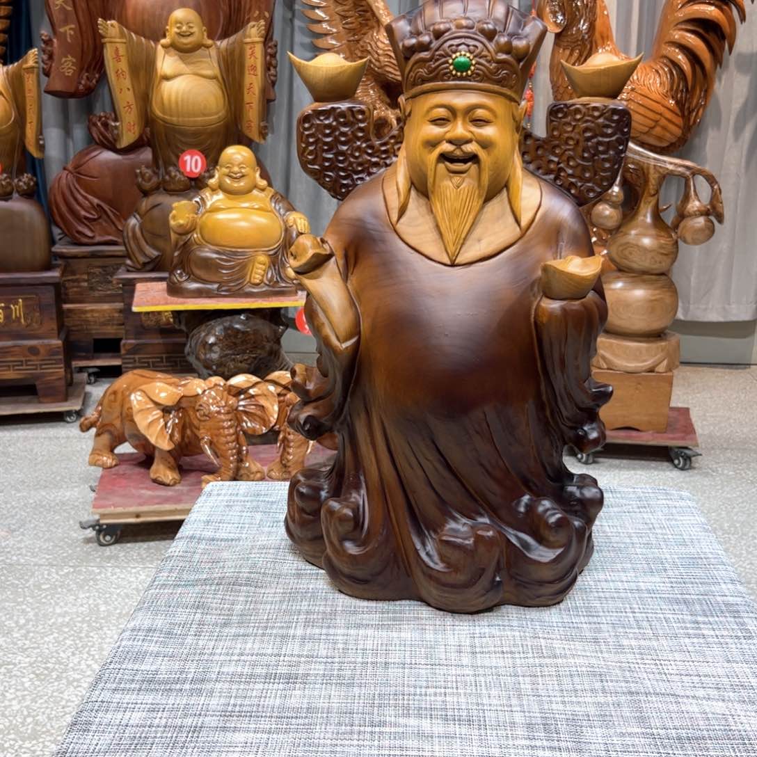 香樟木知**乐财神根雕摆件