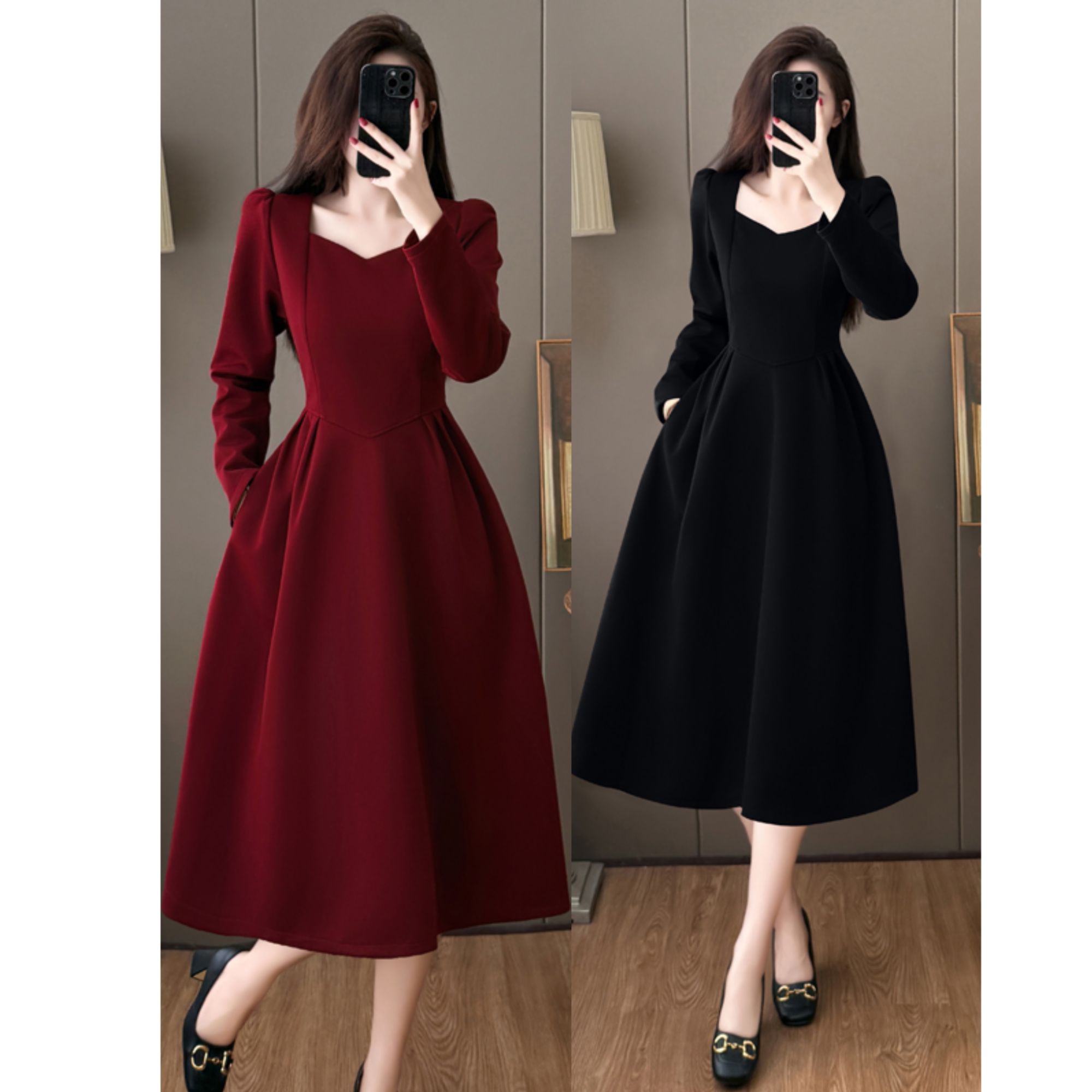 大码新款宴会气质礼服裙子轻奢高级感小黑裙赫本风长袖连衣裙9298