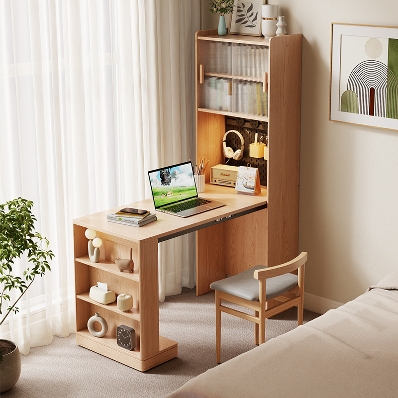 木屋记实木折叠书桌书柜一体家用转角书桌小户型学习桌办公桌子