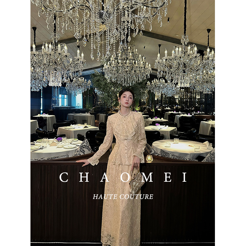 冯（CHAOMEI【梦巴黎】蕾丝料时尚套装收腰秋冬气质显瘦外套+半裙