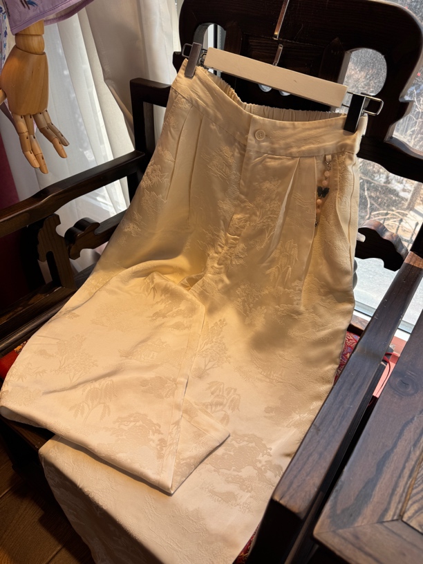 新款提花复古百搭新中式唐装复古直筒阔腿裤薄