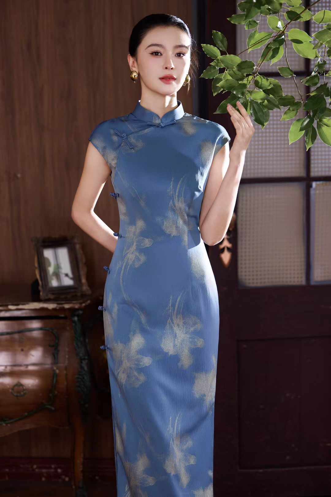 【月菲秀】长款无袖常规款中国风旗袍显瘦印花修身日常蓝色