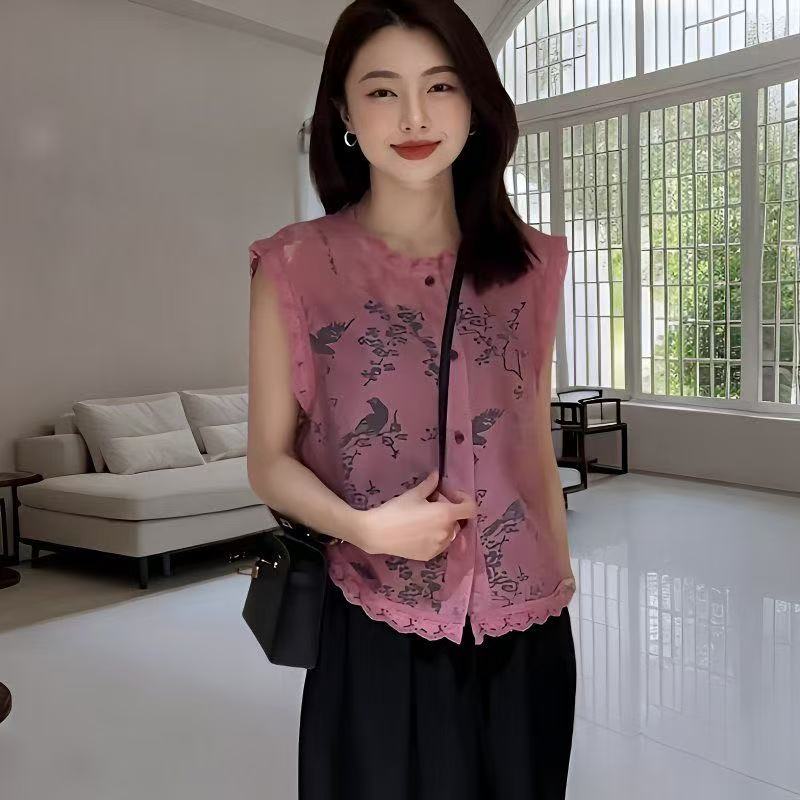 雪暖复古法式蕾丝新中式国风复古无袖马甲上衣设计感薄款坎肩上衣
