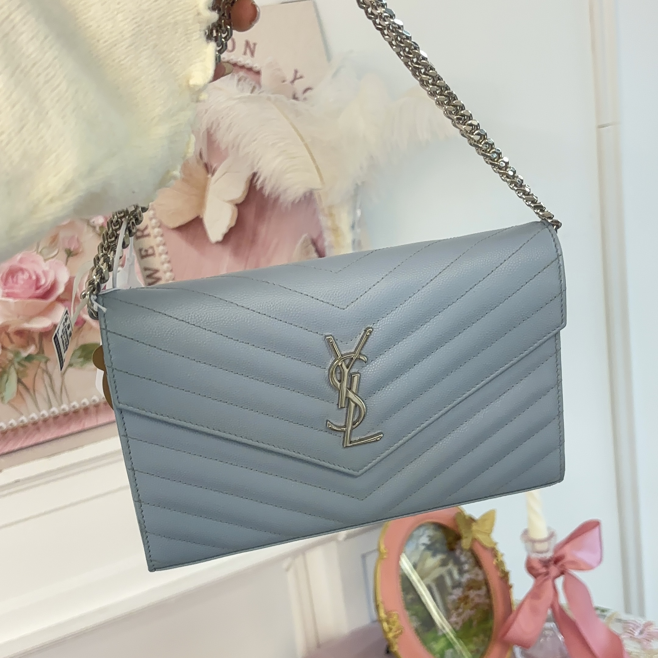 95新 YSL/圣罗兰 ysl冰川蓝鱼子酱单肩链条包