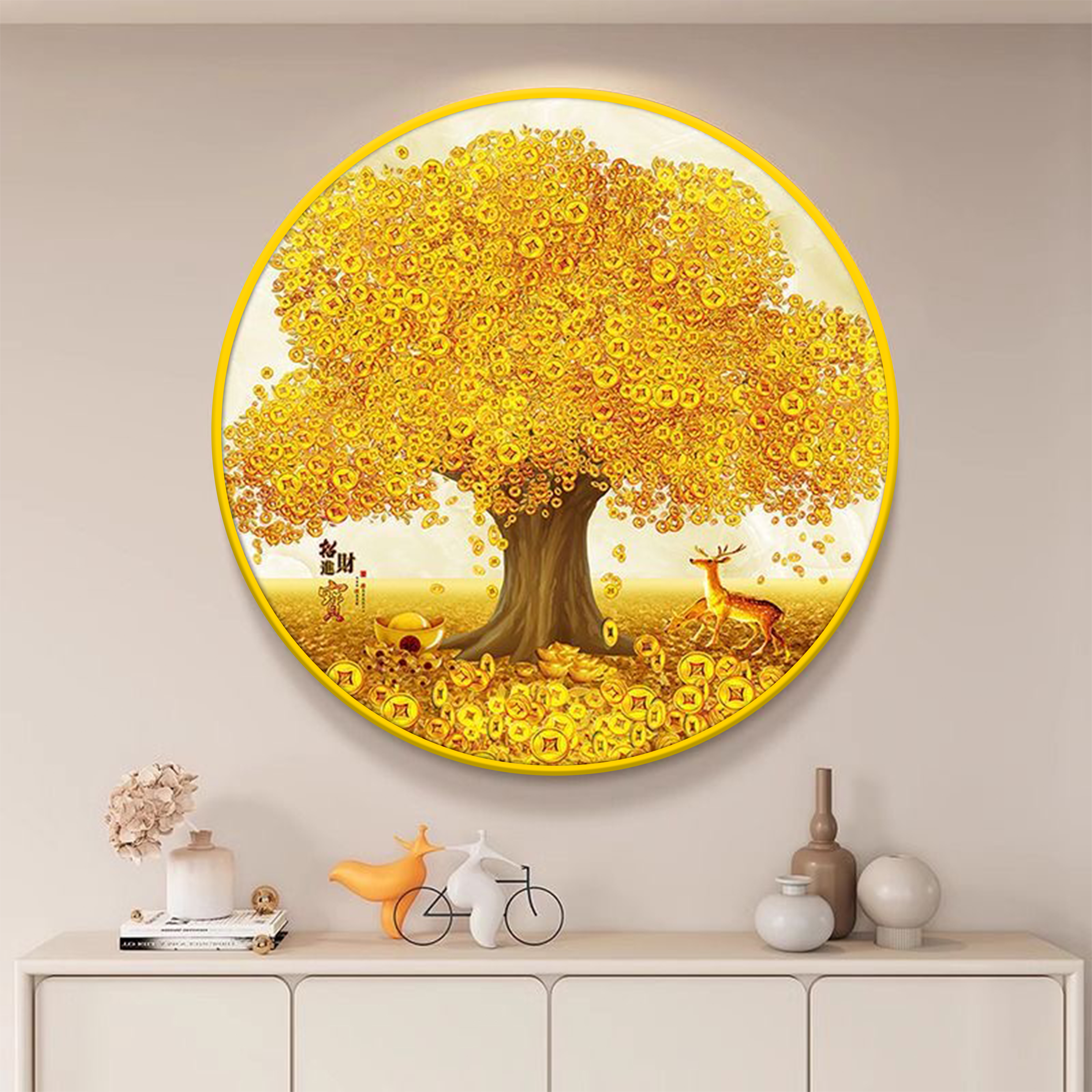 黄金满地金钱树客厅装饰画现代轻奢圆形挂画书房简约装饰画