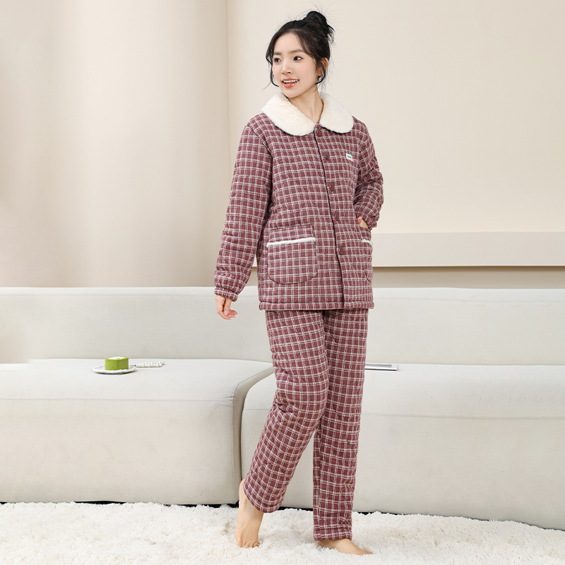 2025女士秋冬季新款睡衣棉袄三层夹棉加绒加厚格子简约家居服套装