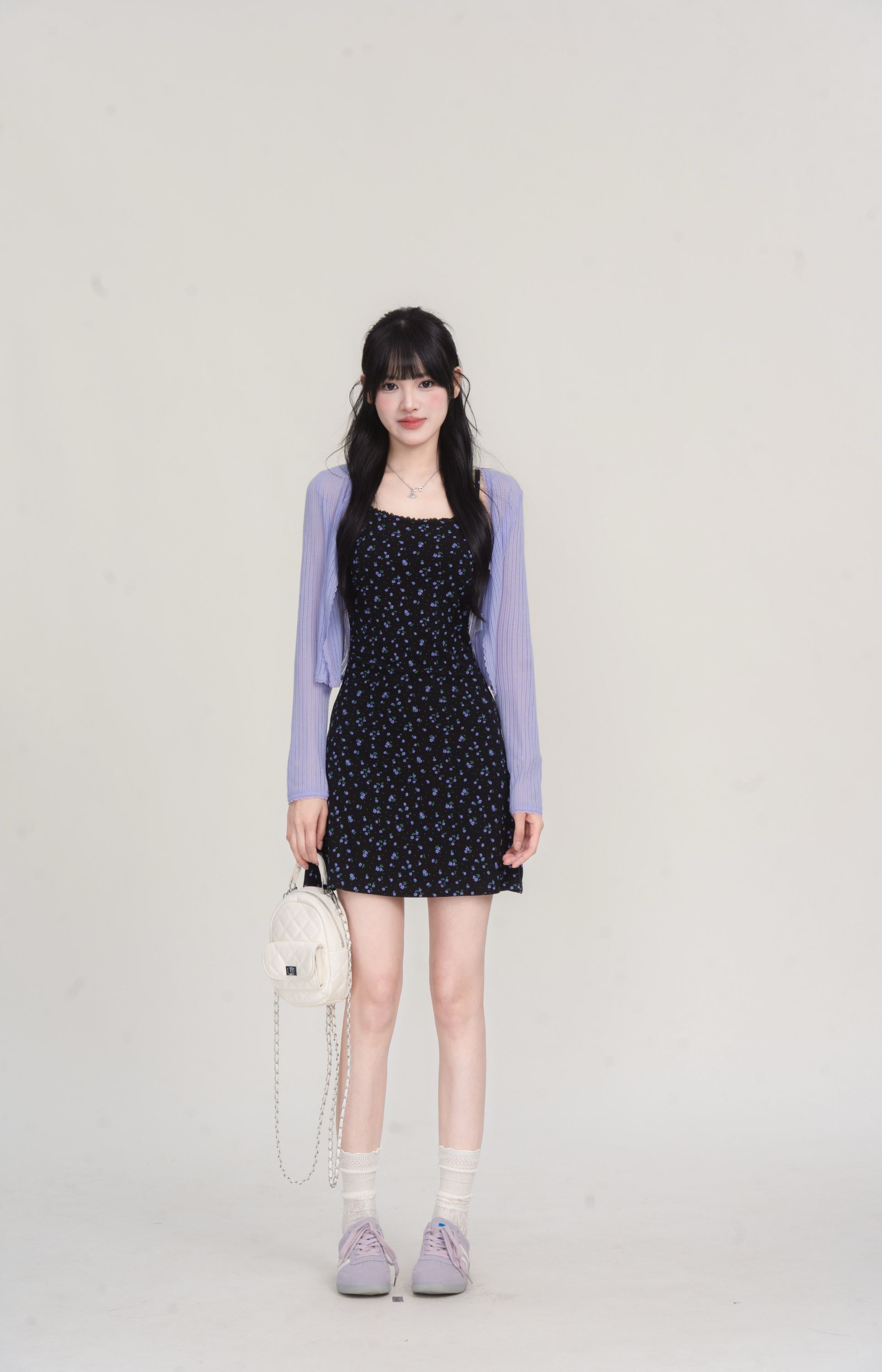 【年中清清】紫花显瘦夏季法式碎花印花长短款吊带连衣裙5C1191