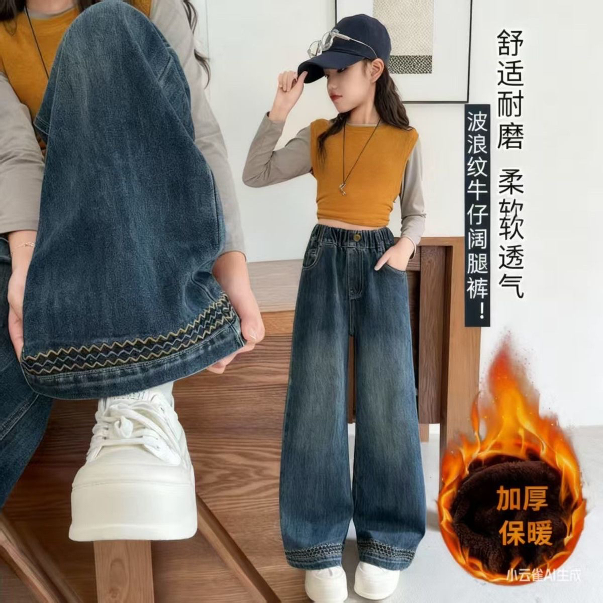 女童刺绣加绒牛仔裤舒适柔软加厚保暖高腰中大童秋冬波浪纹