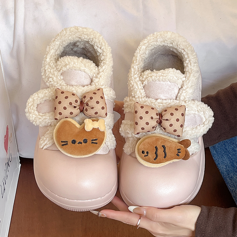 新款卡通棉鞋女冬季加绒保暖外穿防滑厚底毛绒可爱包跟少女棉拖鞋