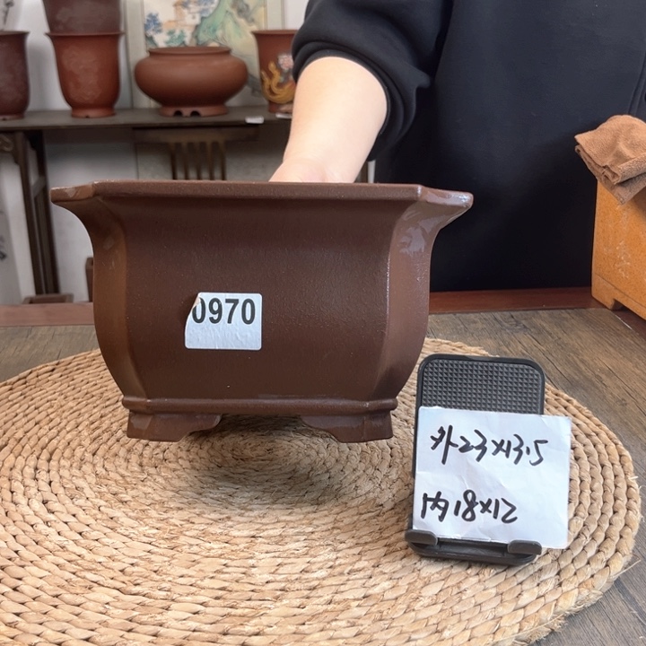 紫砂花盆孤品切角素面四方0970