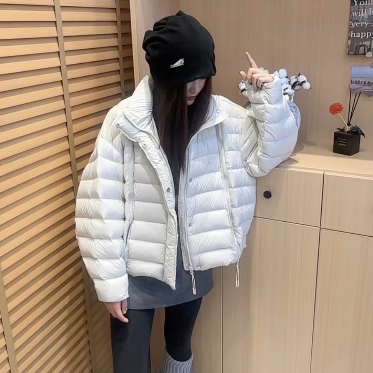 冬季立领轻薄短款女士羽绒服奶灰色可拆卸马甲款