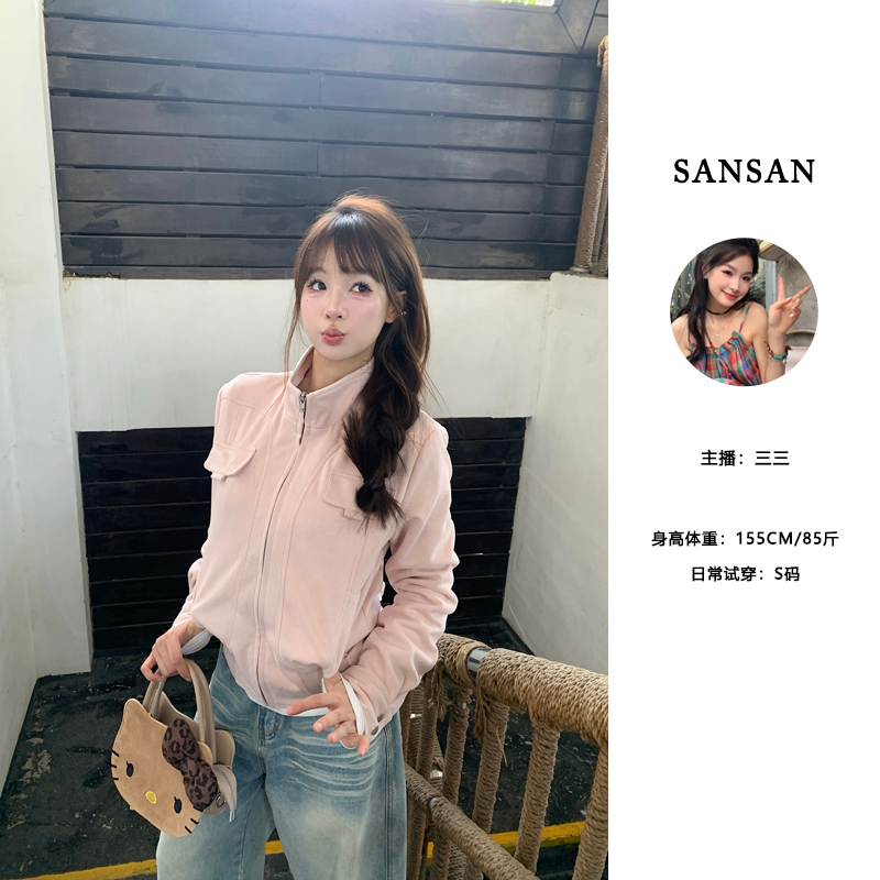 【三三】（韩女感！）休闲百搭夹克拼接加绒针织修身气质外套短上衣