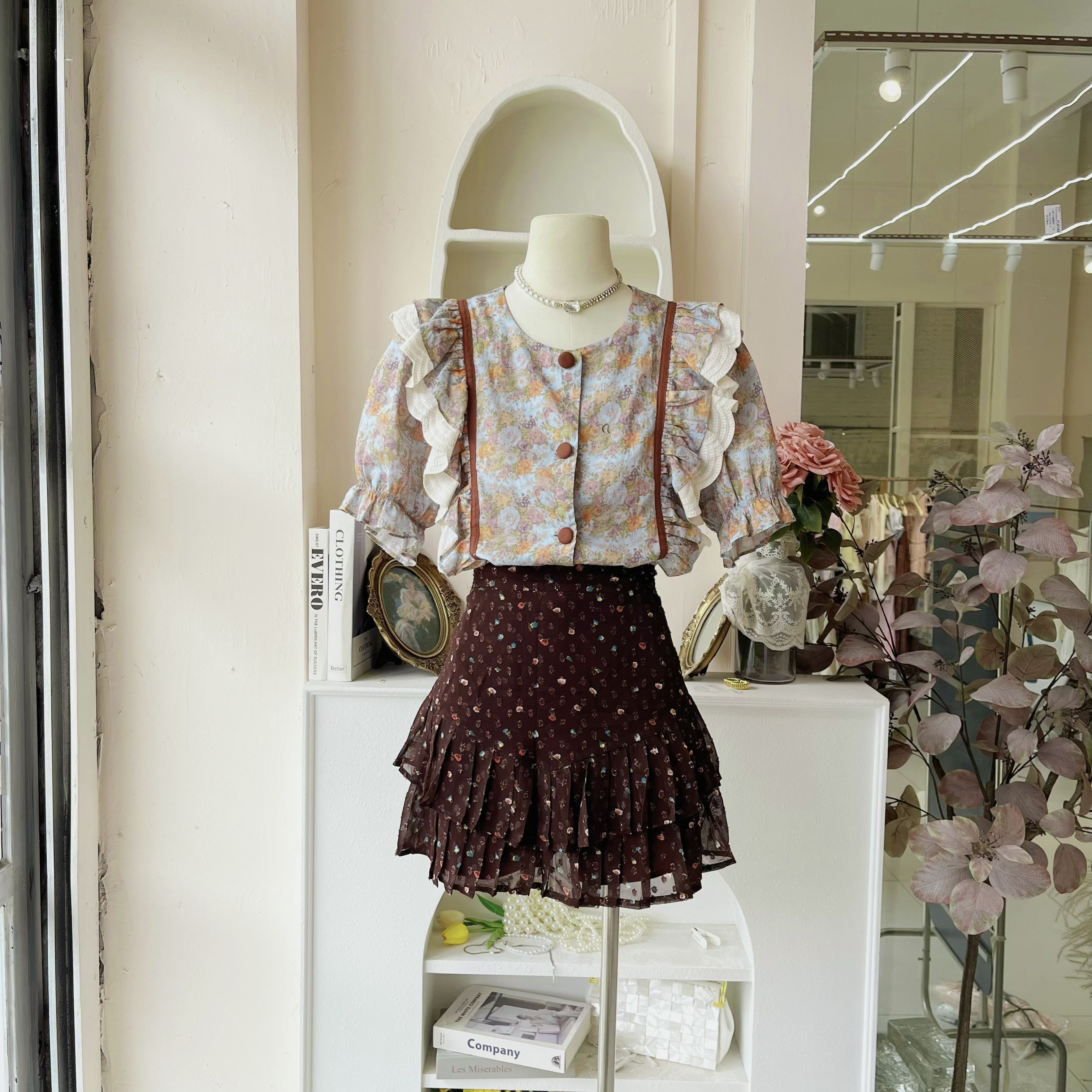 LHTE青青大码衣橱 夏款短袖碎花显瘦棕色半身裙甜美减龄套装T7263