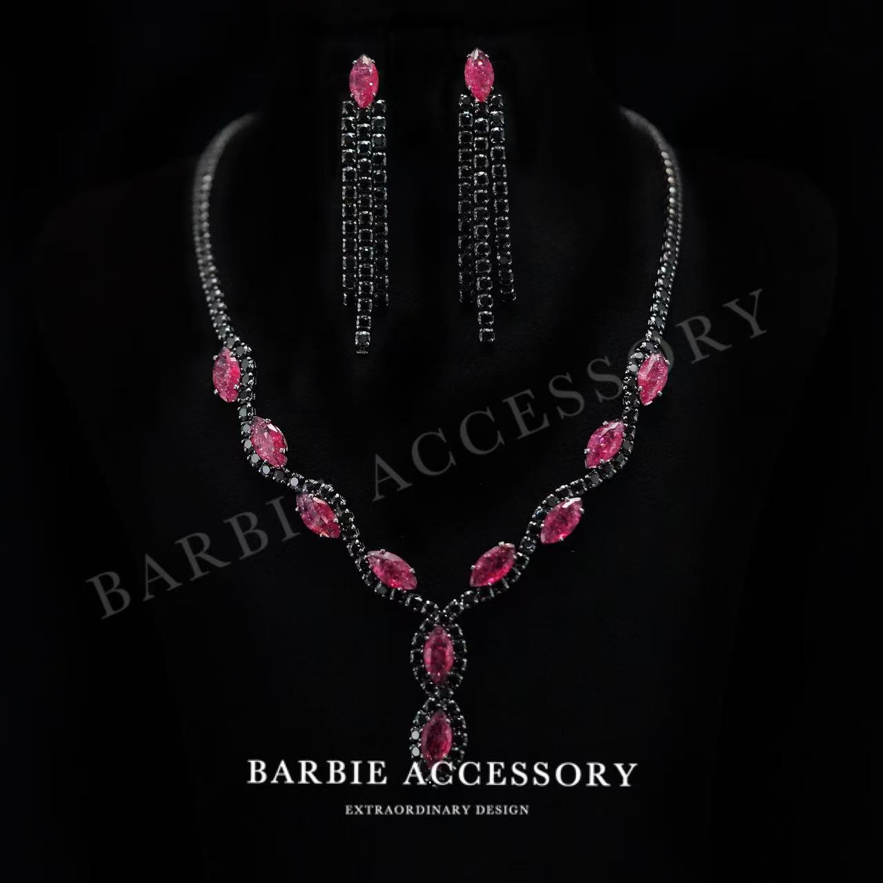 铜合金合成锆石项链 【黑红暗姬】时尚轻奢设计款高级绝美百搭套装