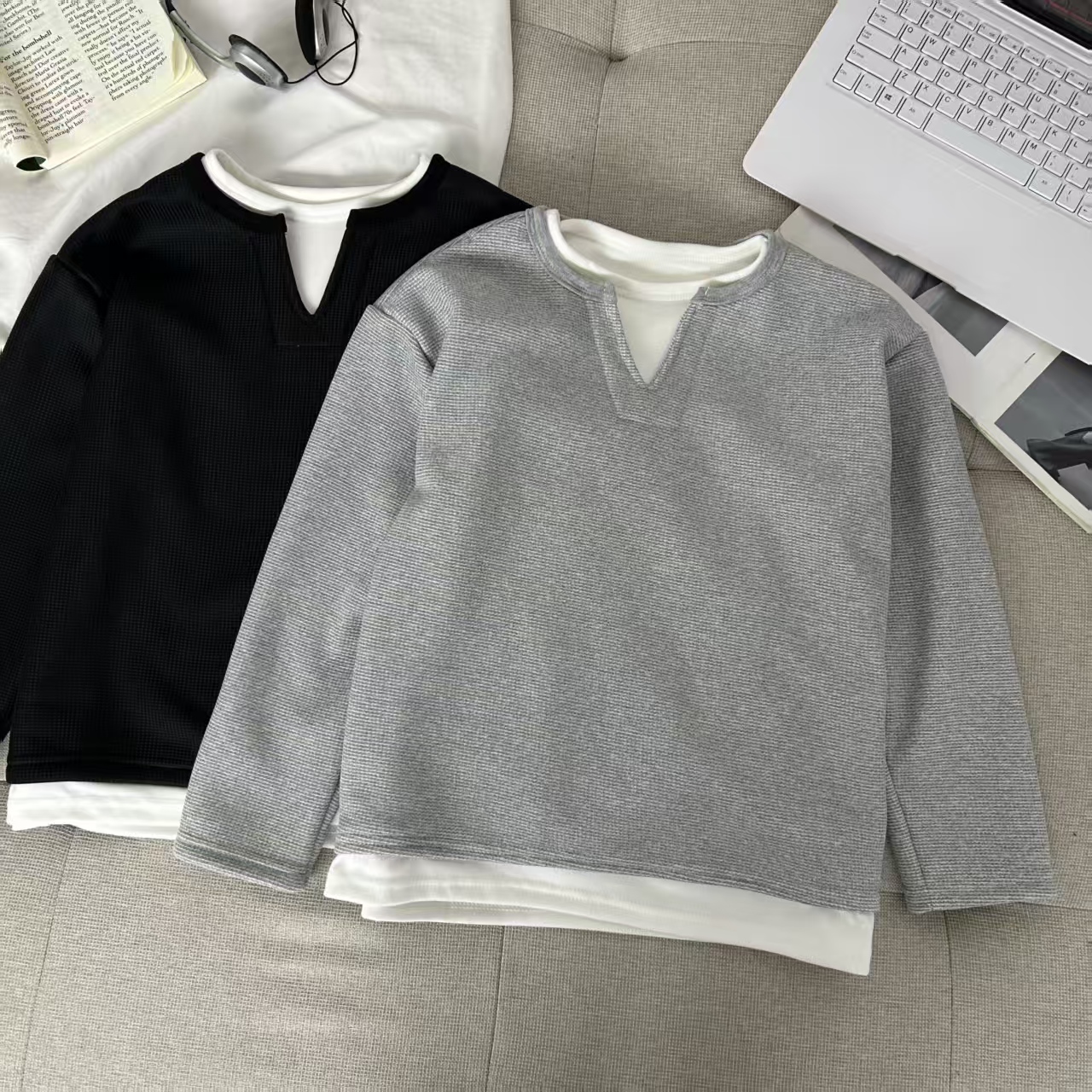 韩系卫衣加绒一体绒男童华夫格假两件秋冬上衣儿童中大童保暖洋气