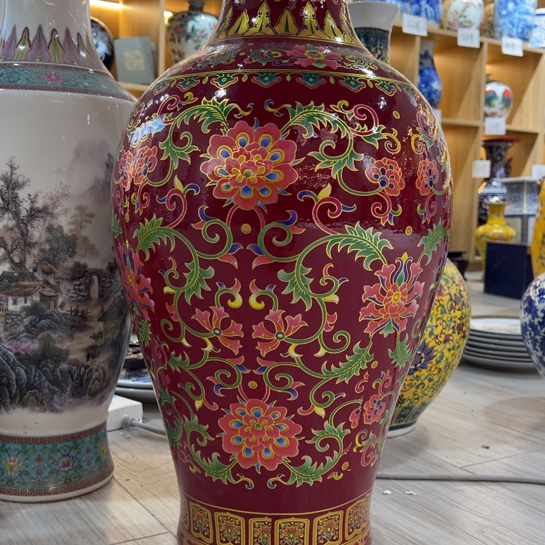 浅***陶摆件65cm缠枝莲鱼尾瓶