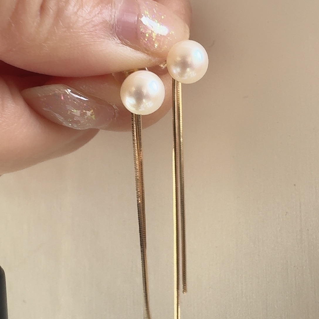 淡水珍珠耳饰银S925镶嵌6-7mm银色流苏耳钉