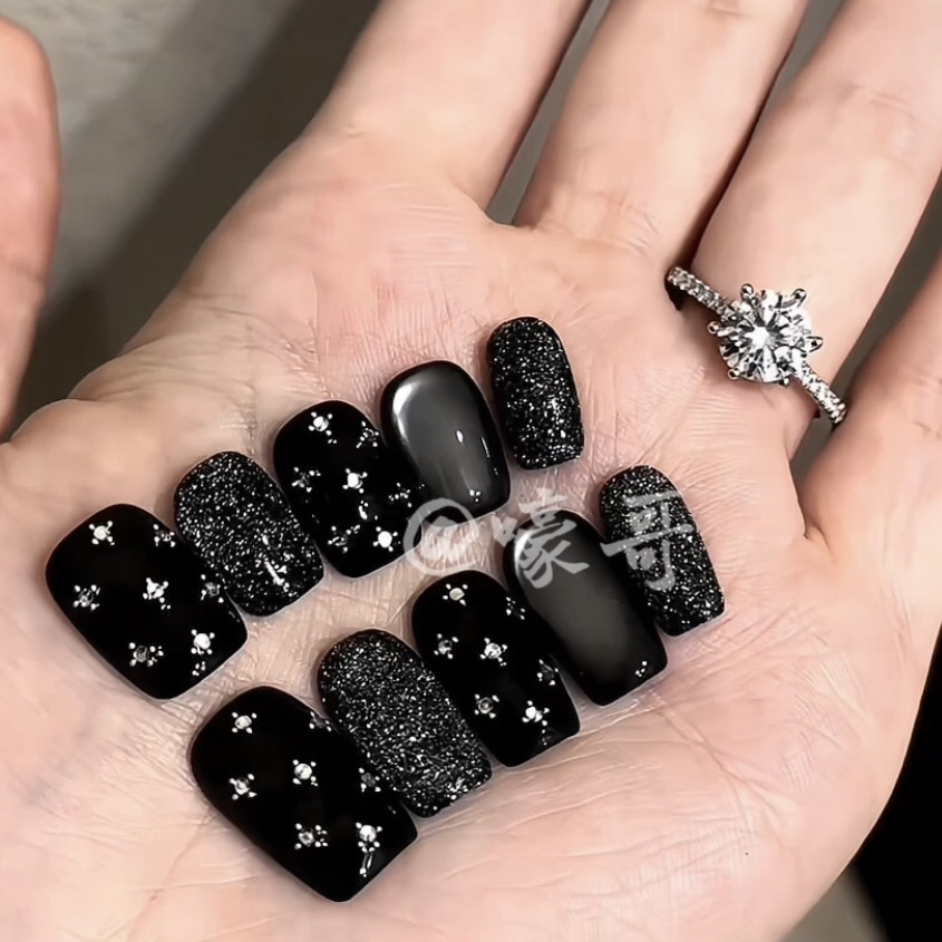 【繁星】手工穿戴甲小钢珠繁星黑色碎钻猫眼暗黑甜酷风显白