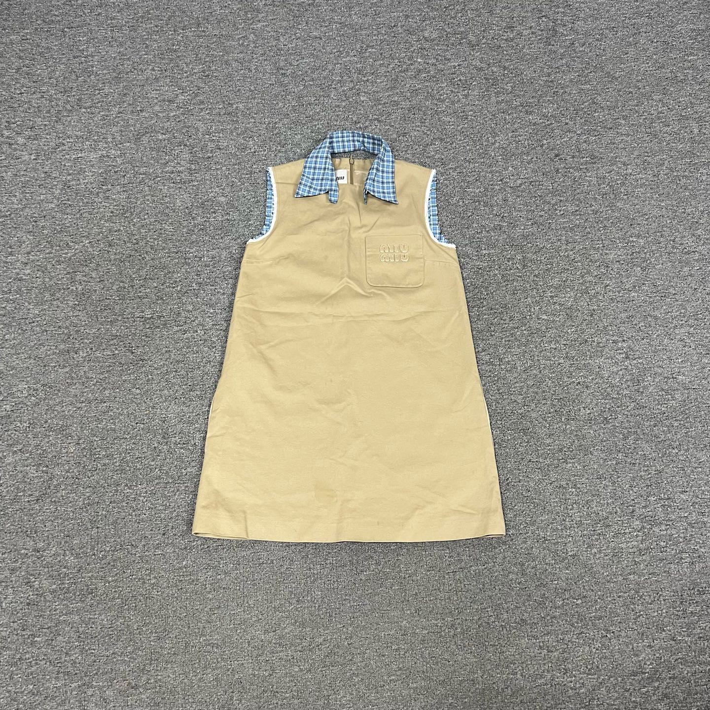 99新 MIU MIU/缪缪 miumiu缪缪卡其色假两件蓝色格子边背心裙36码