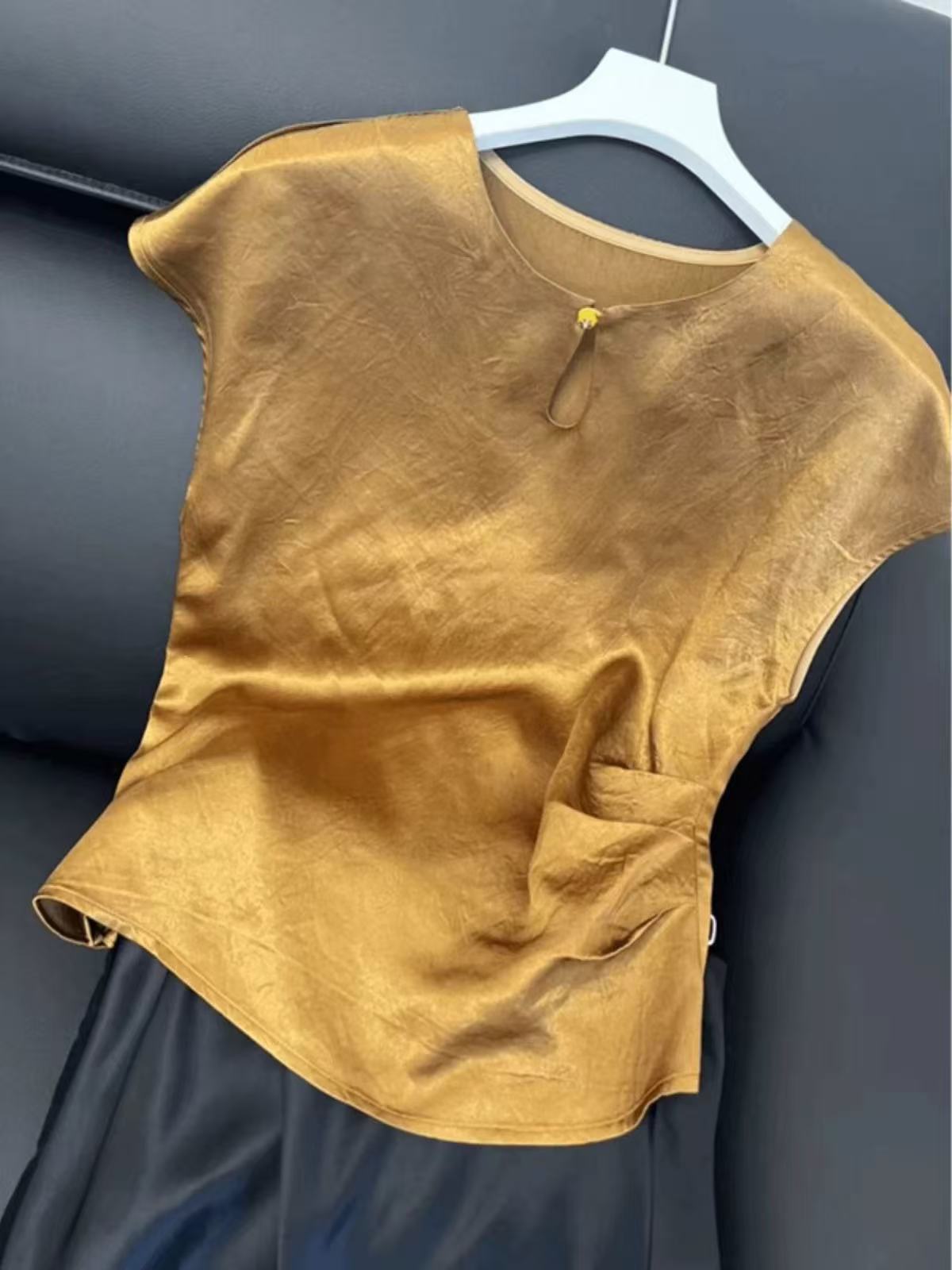 金色醋酸女2025新款新中式国风修身显瘦掐褶短袖上衣FY5052508