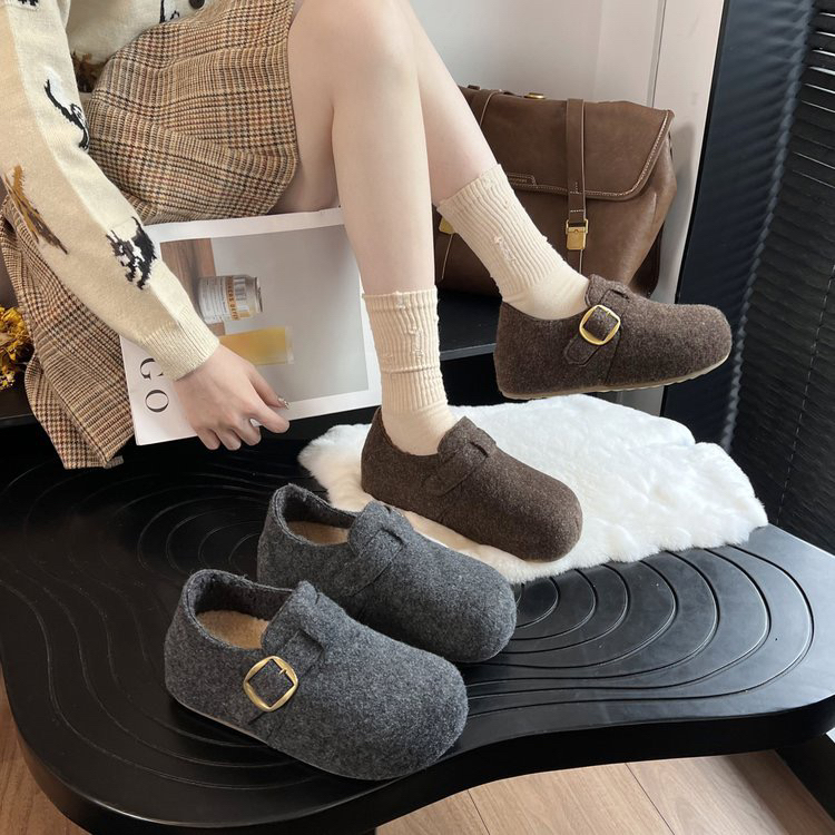 厚底增高灰色加绒勃肯鞋女2025秋冬新款毛呢鞋小个子保暖博肯棉鞋