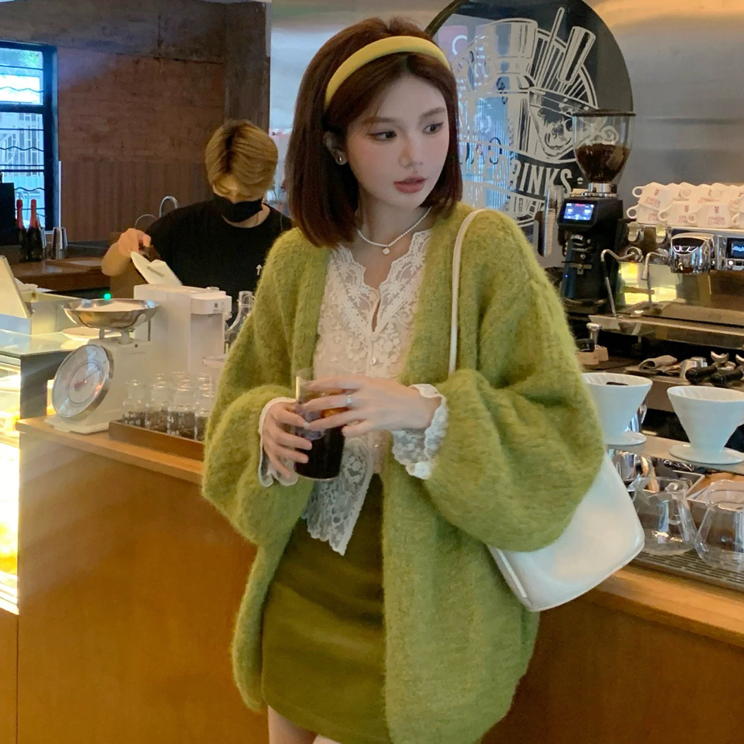 温柔女百搭针织衫慵懒风女装针织显瘦毛针织衫灯笼袖