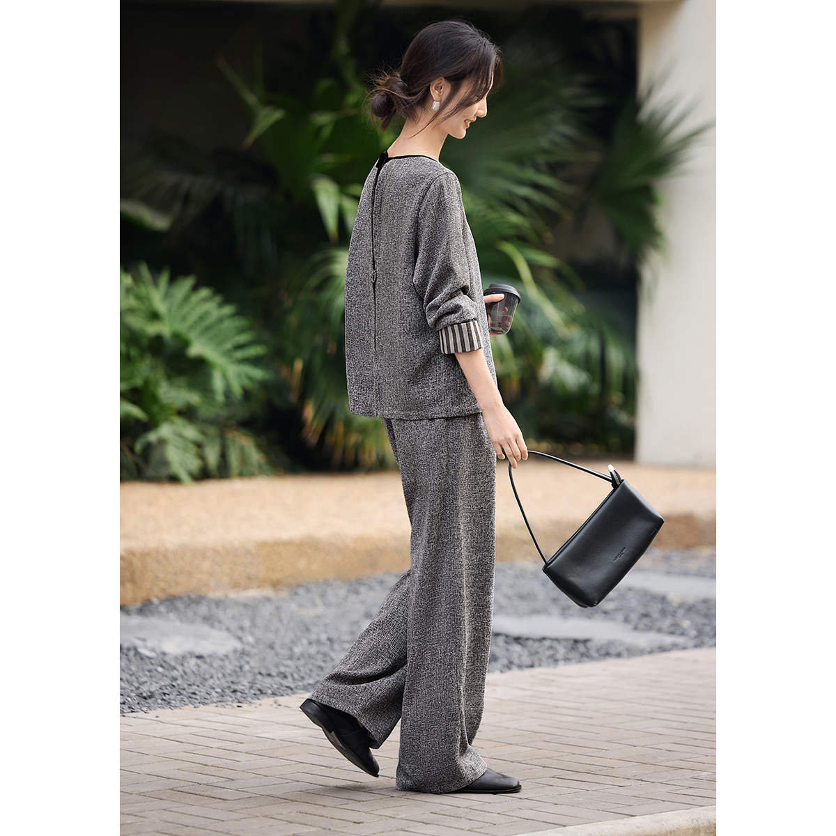 XWI/欣未24春季套装条纹袖口拼接薄垂香风大身加长裤气质慵懒套装