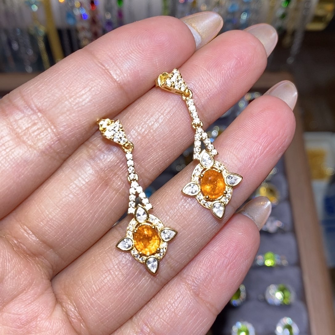 石榴石（芬达石）耳饰银S925镶嵌