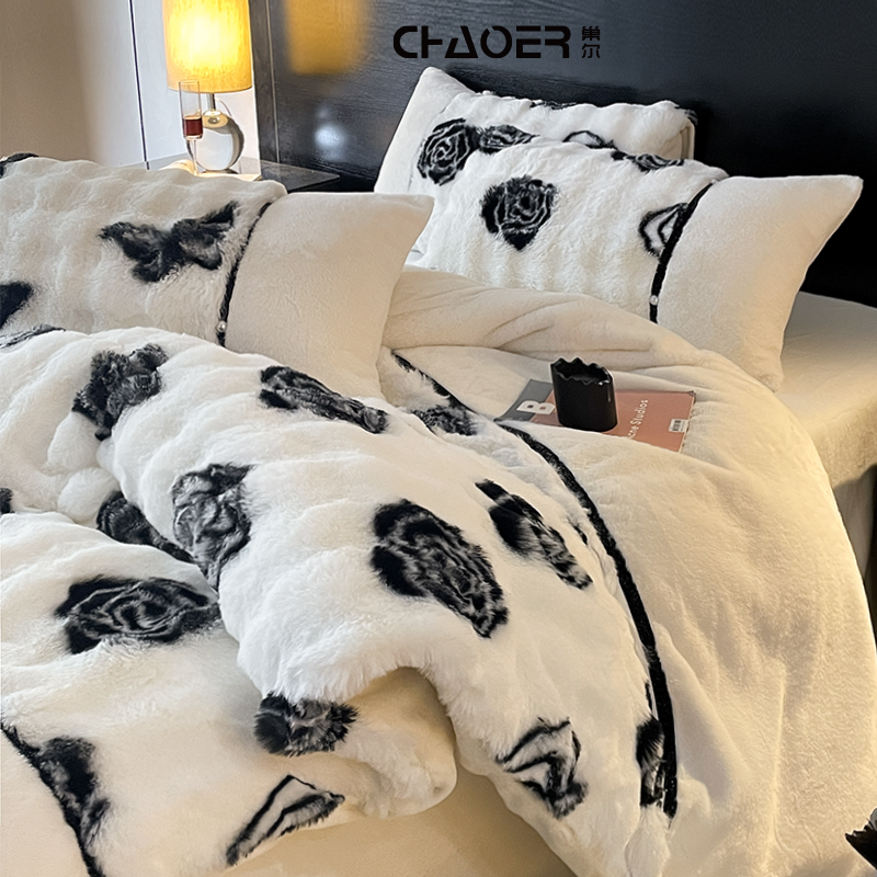 巢尔【山茶花之恋】冬季高档加厚牛奶绒四件套轻奢双面绒床单被套